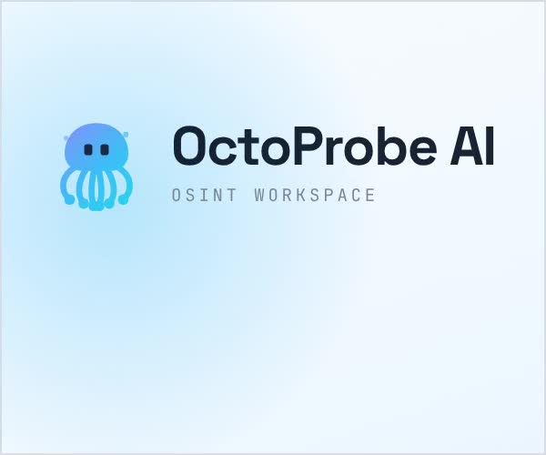 OctoProbe house ad, 300 by 250 pixels, published 16 Oct 2026. Still frame of the square with the OctoProbe wordmark and the line One workspace for the investigation.