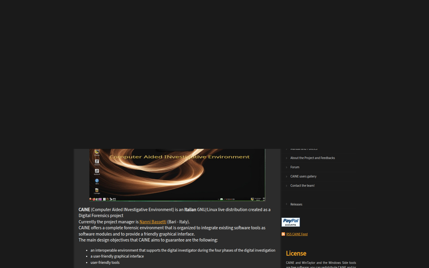 CAINE homepage on 21 Oct 2026, with CAINE 14 Lightstream dated 24 Mar 2025 and the read-only block-device default.