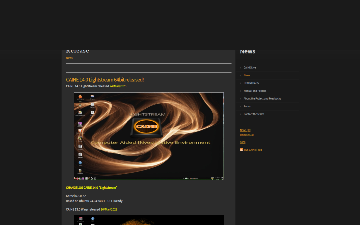 CAINE release news on 21 Oct 2026, listing 14.0 Lightstream on Ubuntu 24.04 and 13.0 Warp on Ubuntu 22.04.