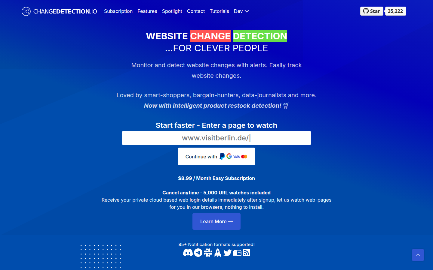changedetection.io homepage on 23 Oct 2026 with the $8.99 a month subscription, 5,000 URL watches included, and the form for a page to watch.