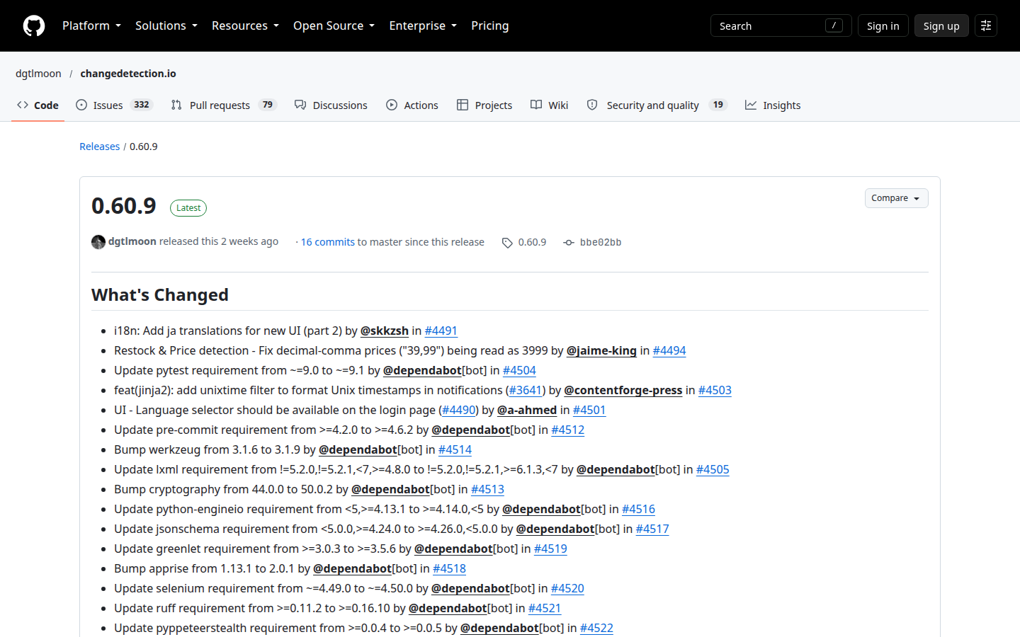 GitHub release 0.60.9 of dgtlmoon/changedetection.io, published 12 Oct 2026, opened with the Apache-2.0 repository on 23 Oct 2026.