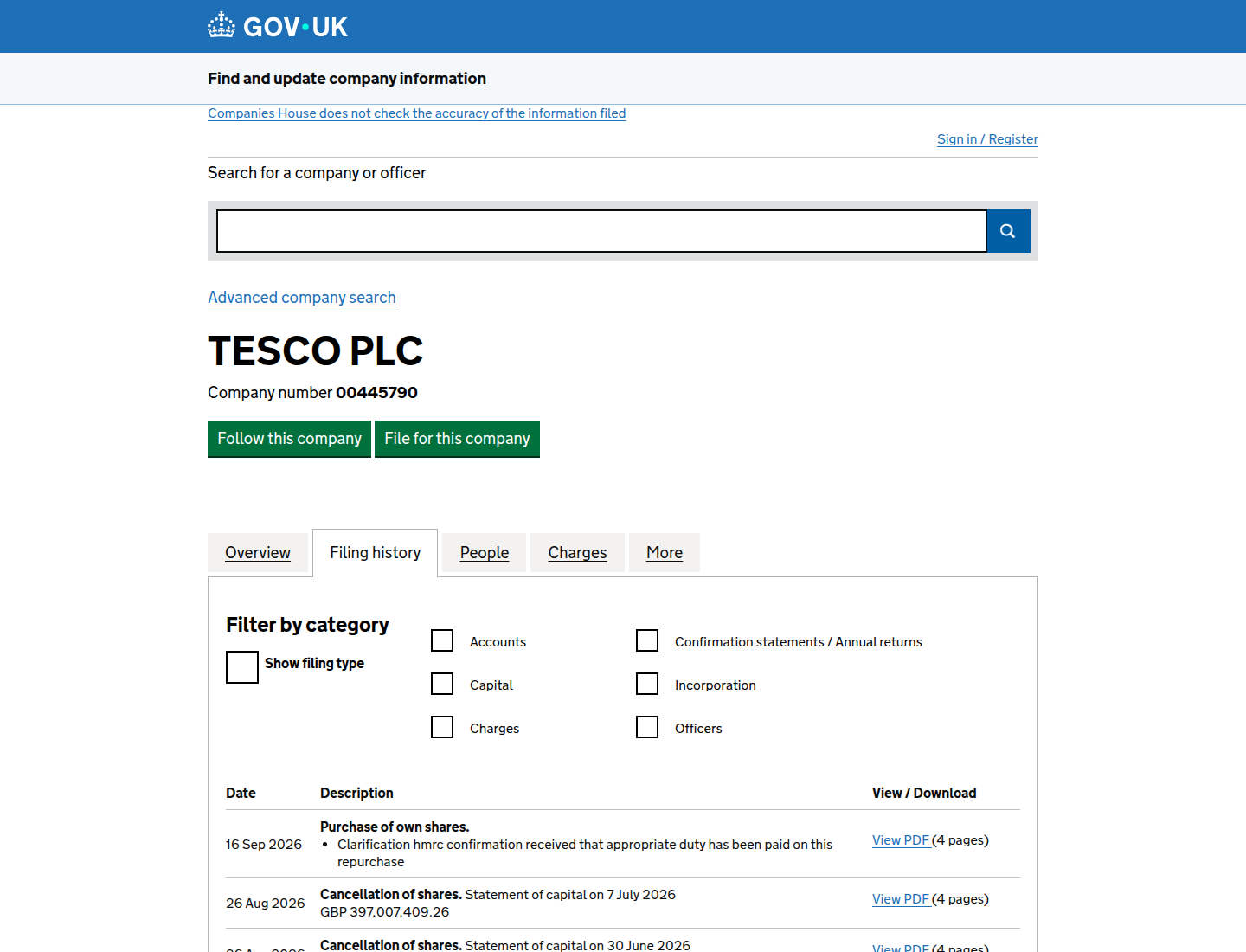 Companies House filing history for TESCO PLC on 18 Oct 2026, listing an MR01 charge on 16 October 2026, a CS01 on 2 July 2026, and accounts on 27 June 2026.