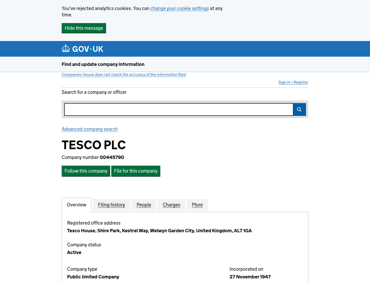 Companies House overview for TESCO PLC, number 00445790, on 18 Oct 2026, Active public limited company incorporated 27 November 1947, SIC 47110.