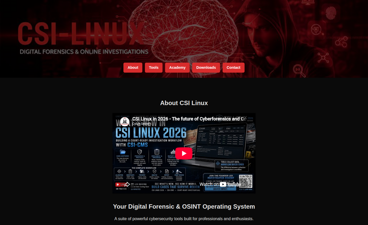 CSI Linux downloads on 20 Oct 2026, showing default user csi, the VirtualBox and VMware links, and the 6+ GB RAM minimum.