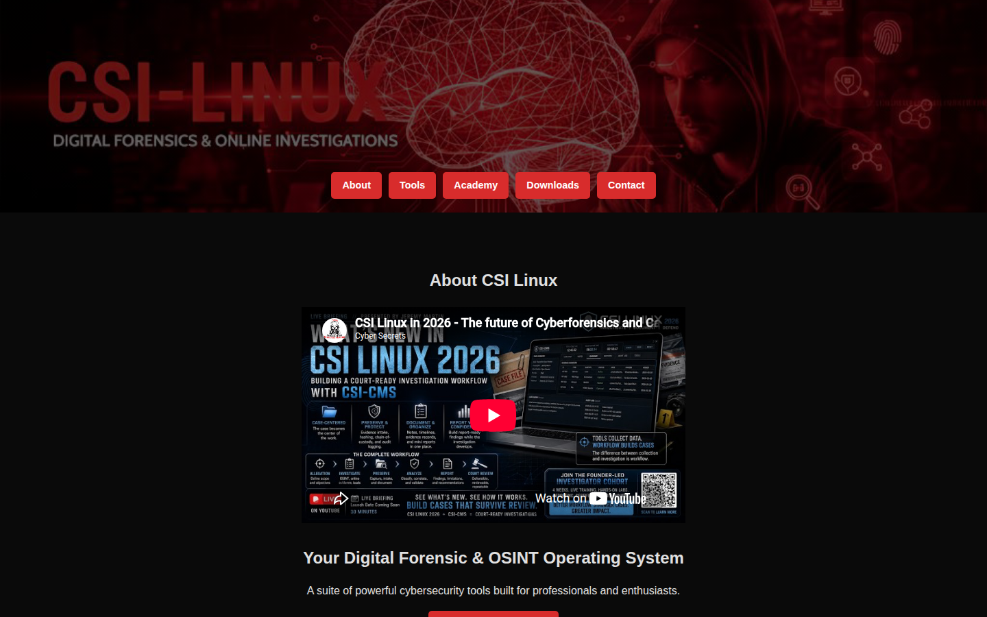 CSI Linux homepage on 20 Oct 2026, calling the project a digital forensic and OSINT operating system, with no version printed in the hero.