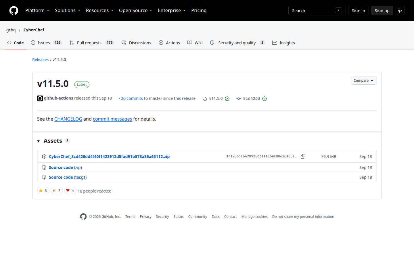 CyberChef v11.5.0 release on GitHub, published 18 Sep 2026, with the Apache-2.0 zip named from commit 8cd426dd4f40.