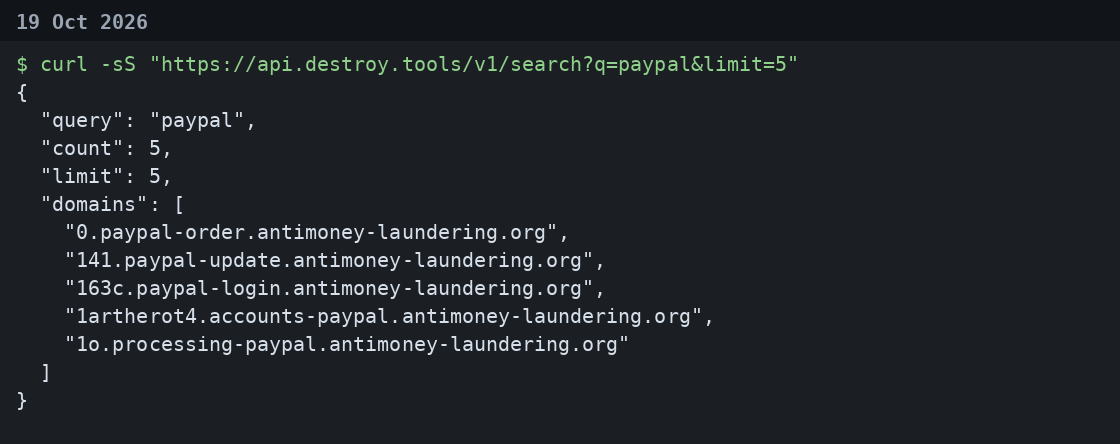 destroylist search for paypal on 19 Oct 2026 returning five hostnames, each a paypal-impersonation name under antimoney-laundering.org.