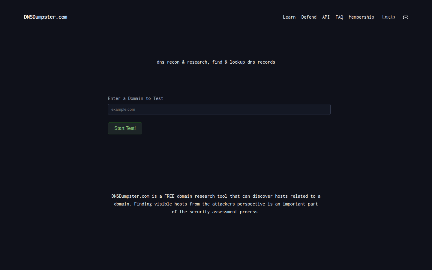 DNSDumpster lookup form, captured 16 Oct 2026