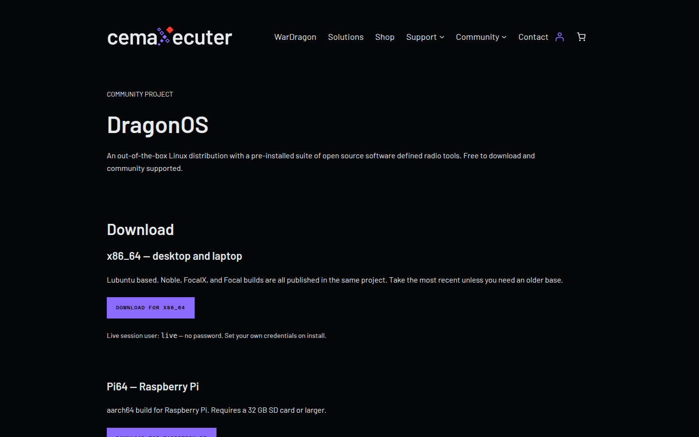 DragonOS download page at cemaxecuter.com on 20 Oct 2026, describing a Lubuntu-based radio desktop and a live user with no password.