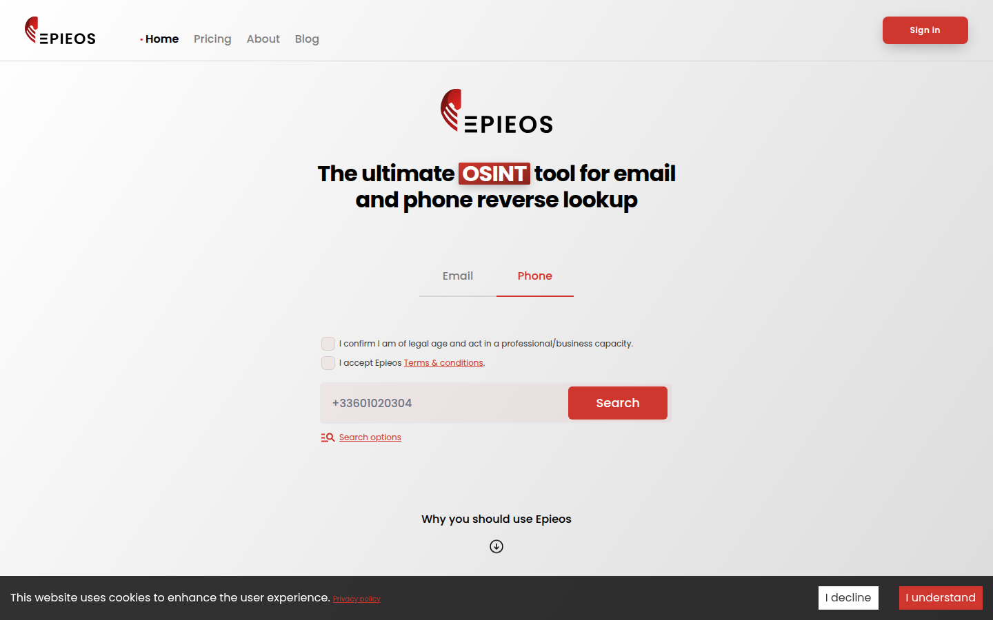 Epieos phone search on epieos.com, opened 20 Oct 2026, asking for an international number with the legal-age and terms boxes empty.