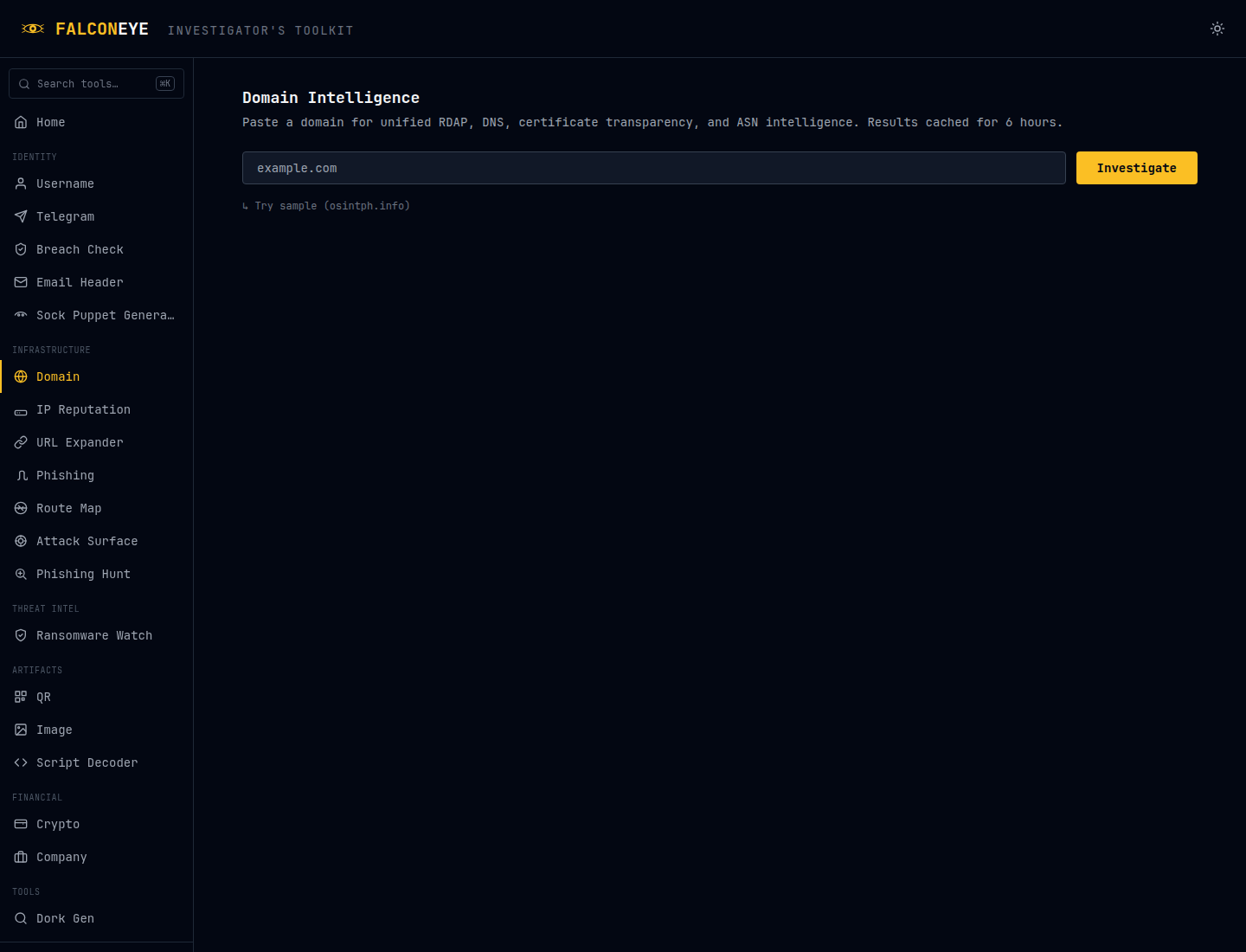 FalconEye Domain Intelligence form on 19 Oct 2026, asking for a domain and naming RDAP, DNS, certificate transparency, and ASN as the public sources.