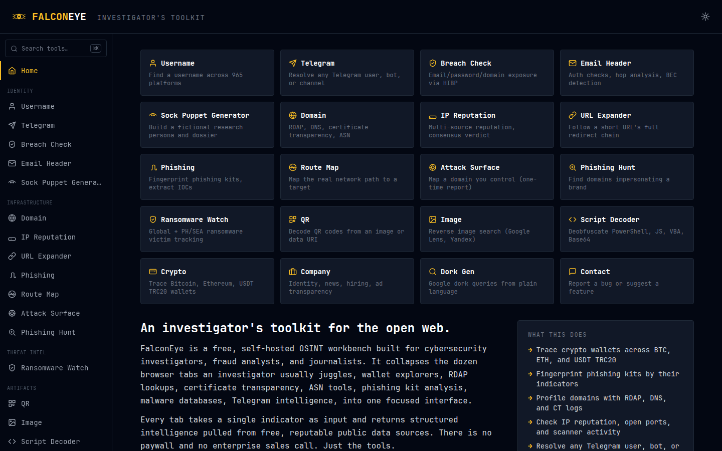 FalconEye investigator toolkit at falconeye.osintph.info on 19 Oct 2026, with the home view and the tab list from Username through Dork Gen.