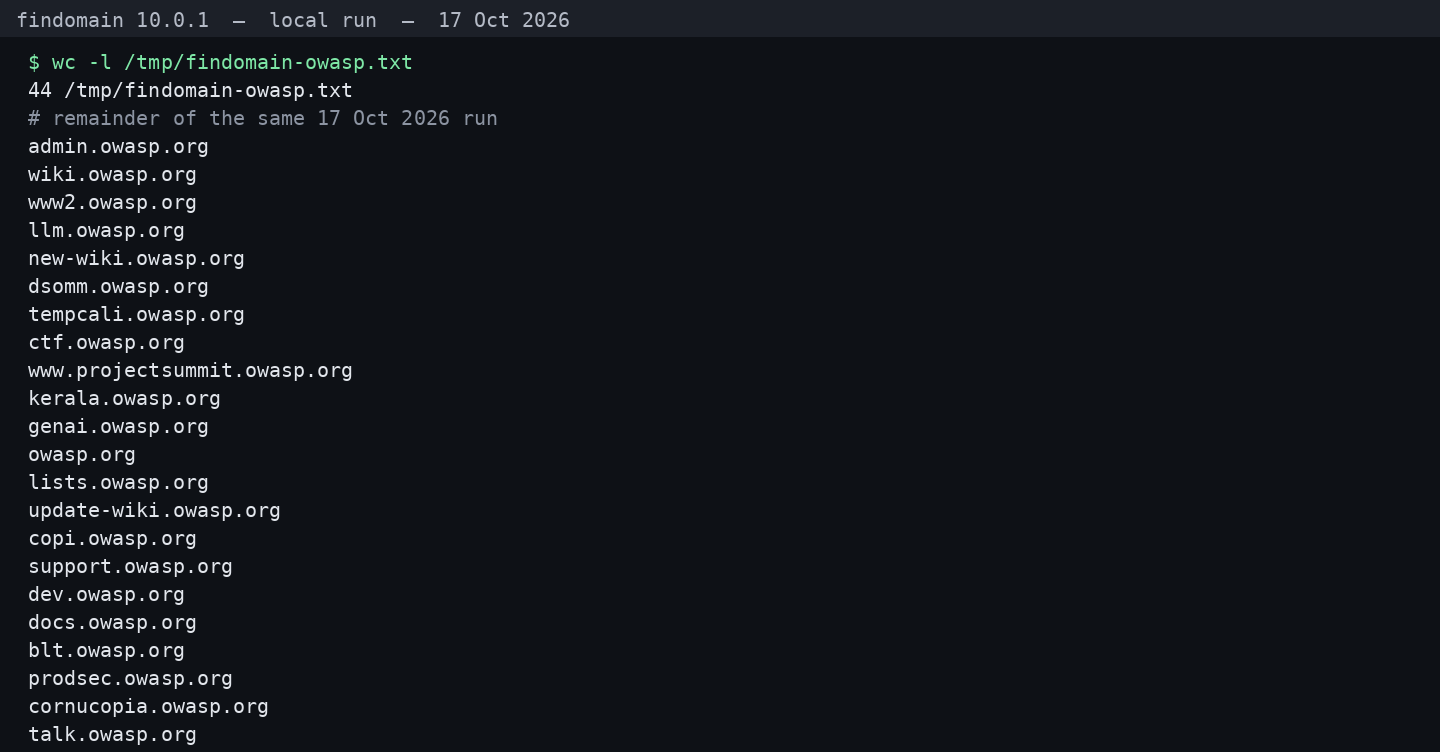 The same Findomain 10.0.1 run on 17 Oct 2026, with wc reporting 44 lines in the owasp.org output and the remaining names through talk.owasp.org.