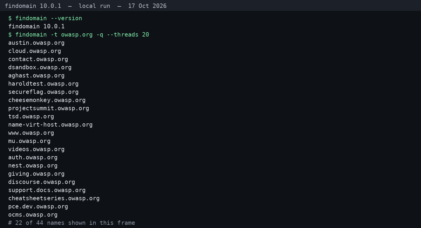 Findomain 10.0.1 on a local Linux host, 17 Oct 2026, printing the version and the first owasp.org names from a quiet run, including cheatsheetseries.owasp.org.