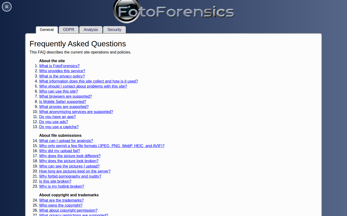FotoForensics FAQ, captured 16 Oct 2026