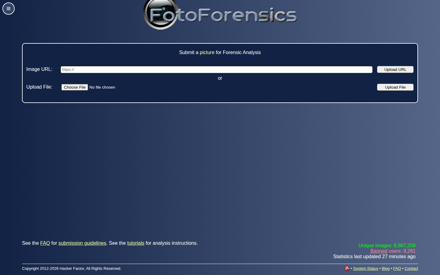 FotoForensics homepage, captured 16 Oct 2026