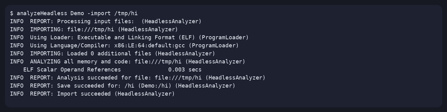 Terminal output of analyzeHeadless Demo -import /tmp/hi, captured 16 Oct 2026