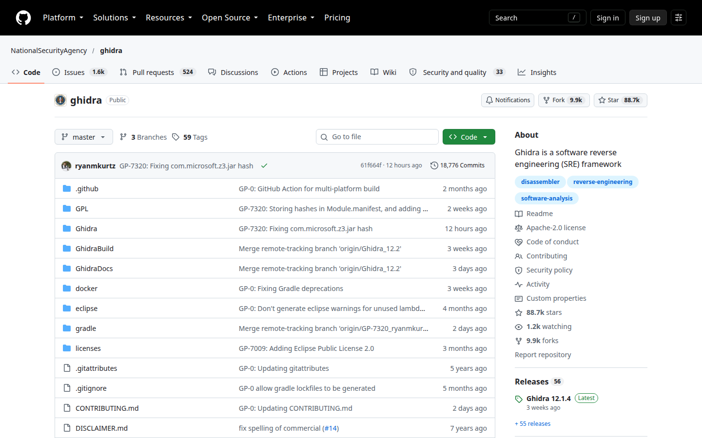 Ghidra project homepage, captured 16 Oct 2026