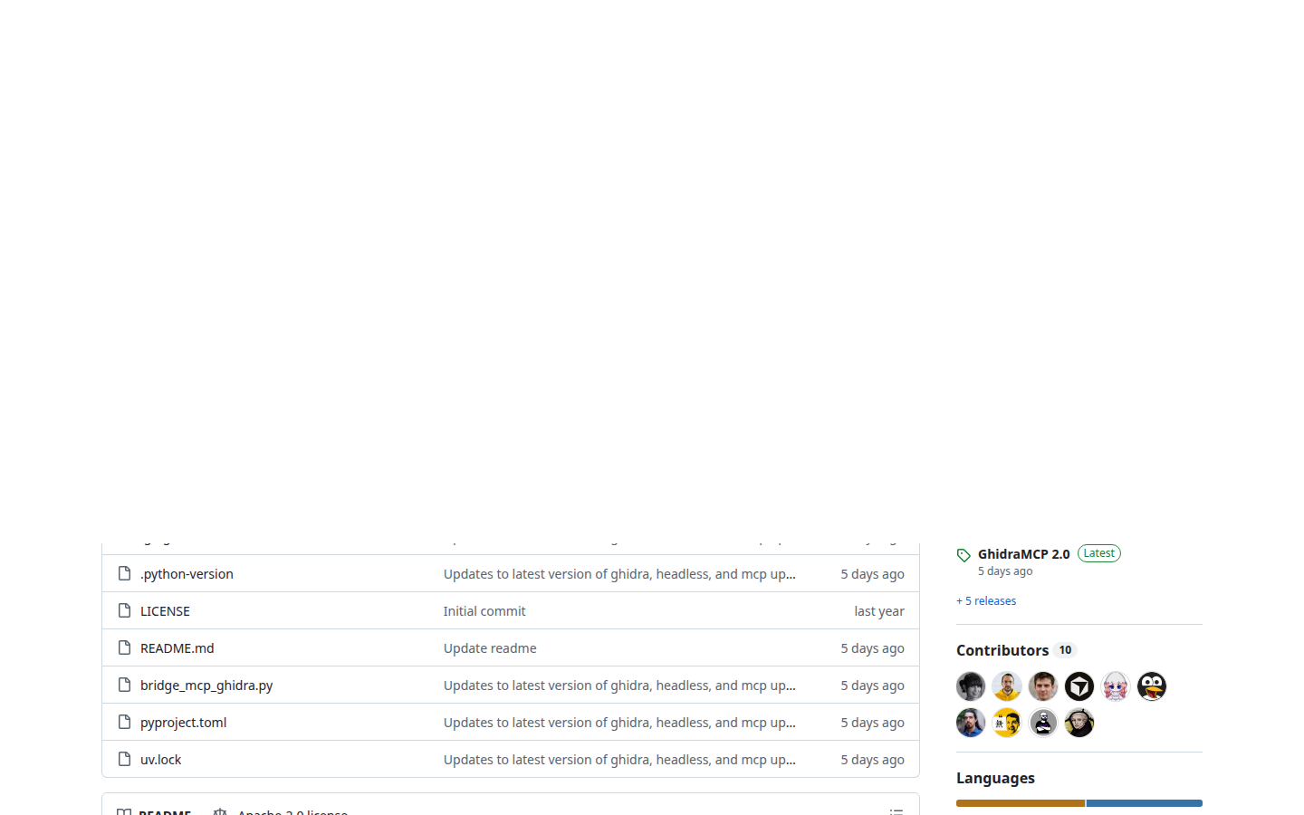 GhidraMCP README, captured 16 Oct 2026