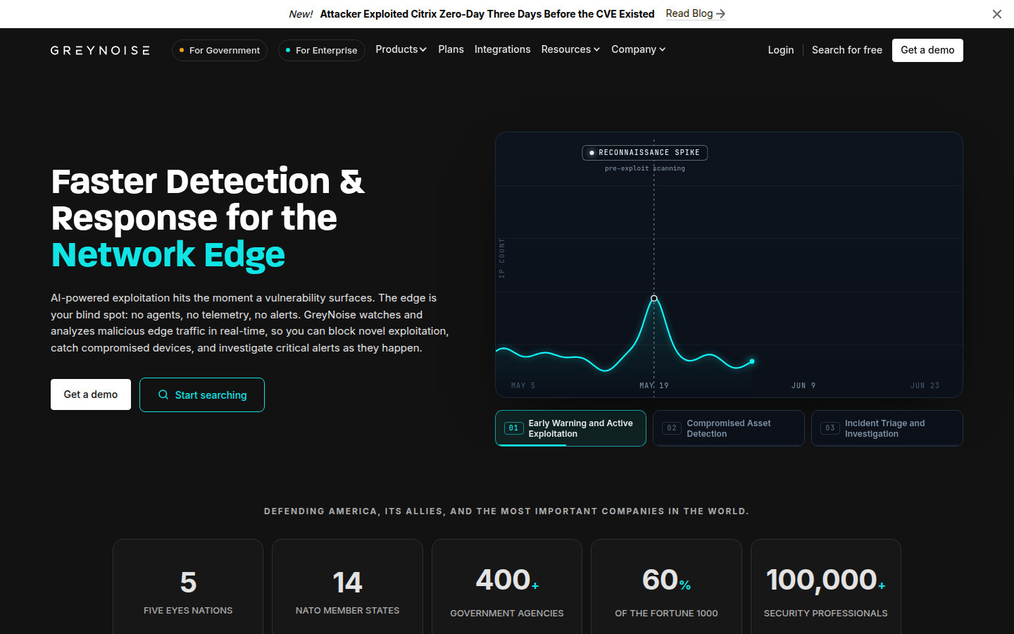 GreyNoise homepage, captured 16 Oct 2026