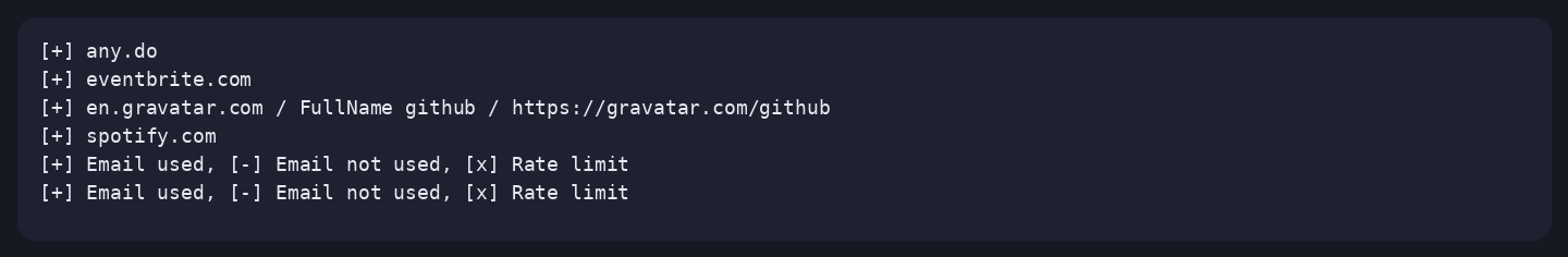 Terminal output of holehe checking support@github.com, with sites where the address is registered