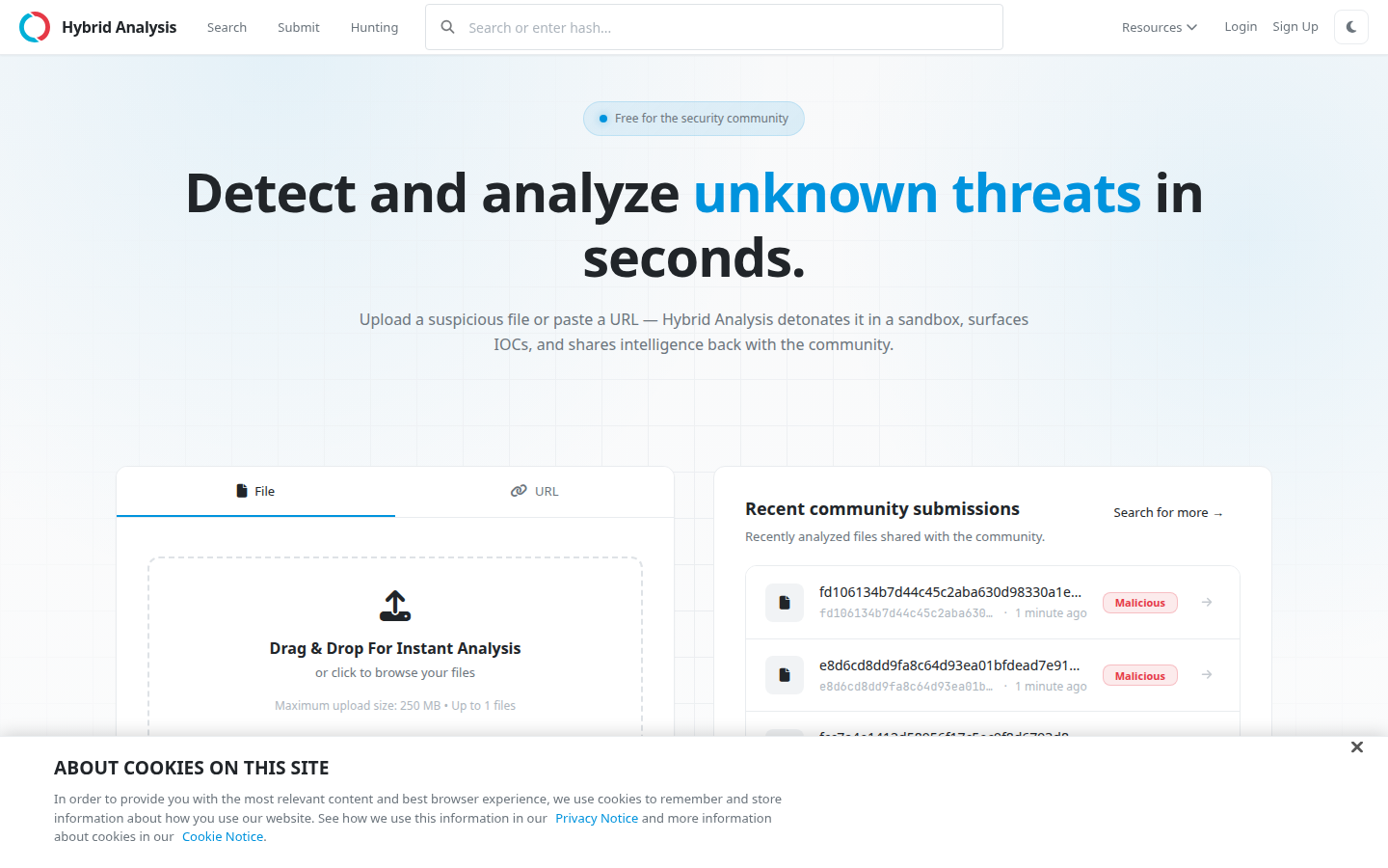Hybrid Analysis homepage on 22 Oct 2026 showing a recent community submission marked Malicious and a 250 MB upload limit.
