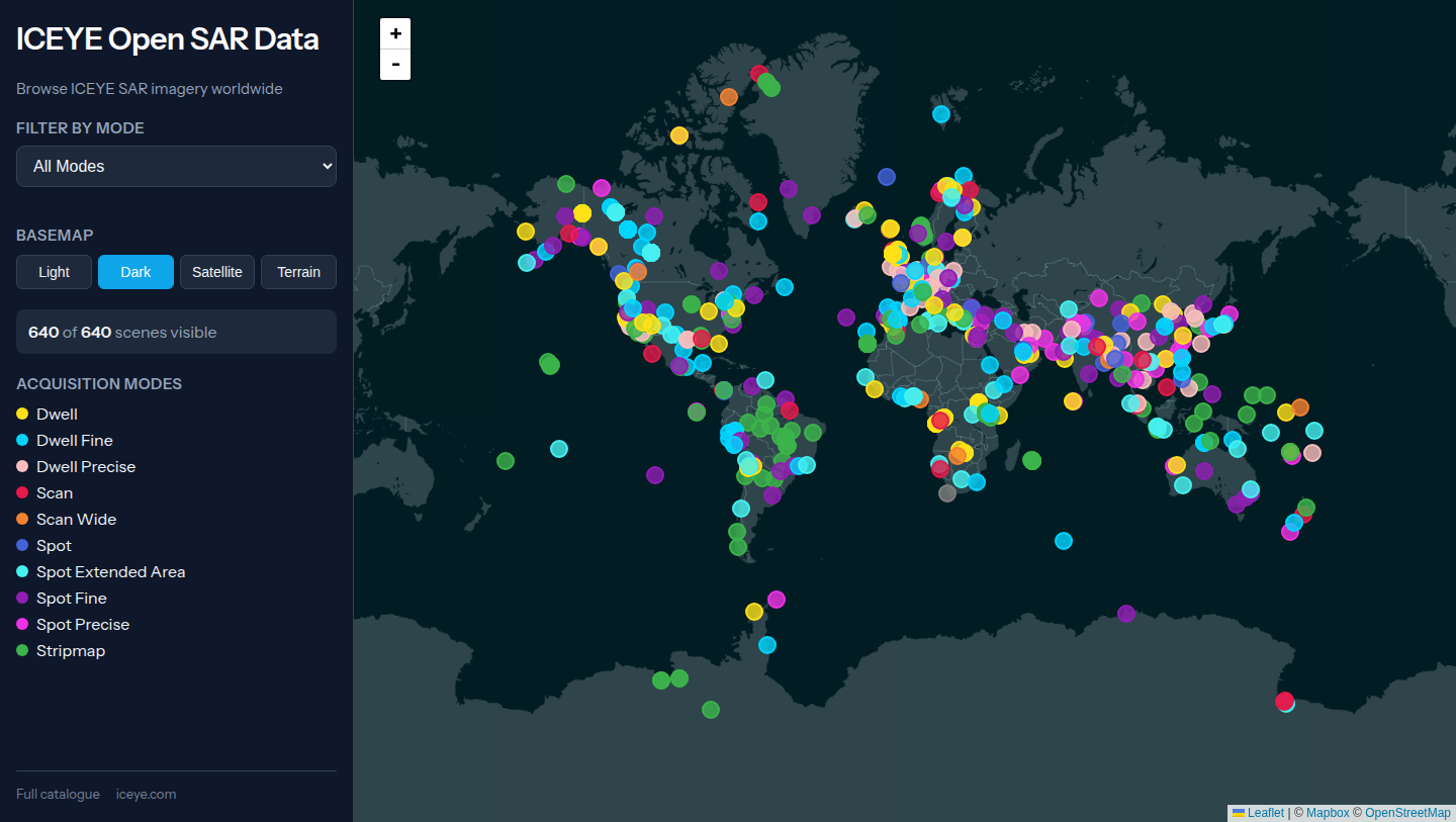 ICEYE Open SAR Data map on 16 Oct 2026, with every acquisition mode selected. The counter read 640 of 640 scenes visible. Basemap choices were Light, Dark, Satellite, and Terrain.