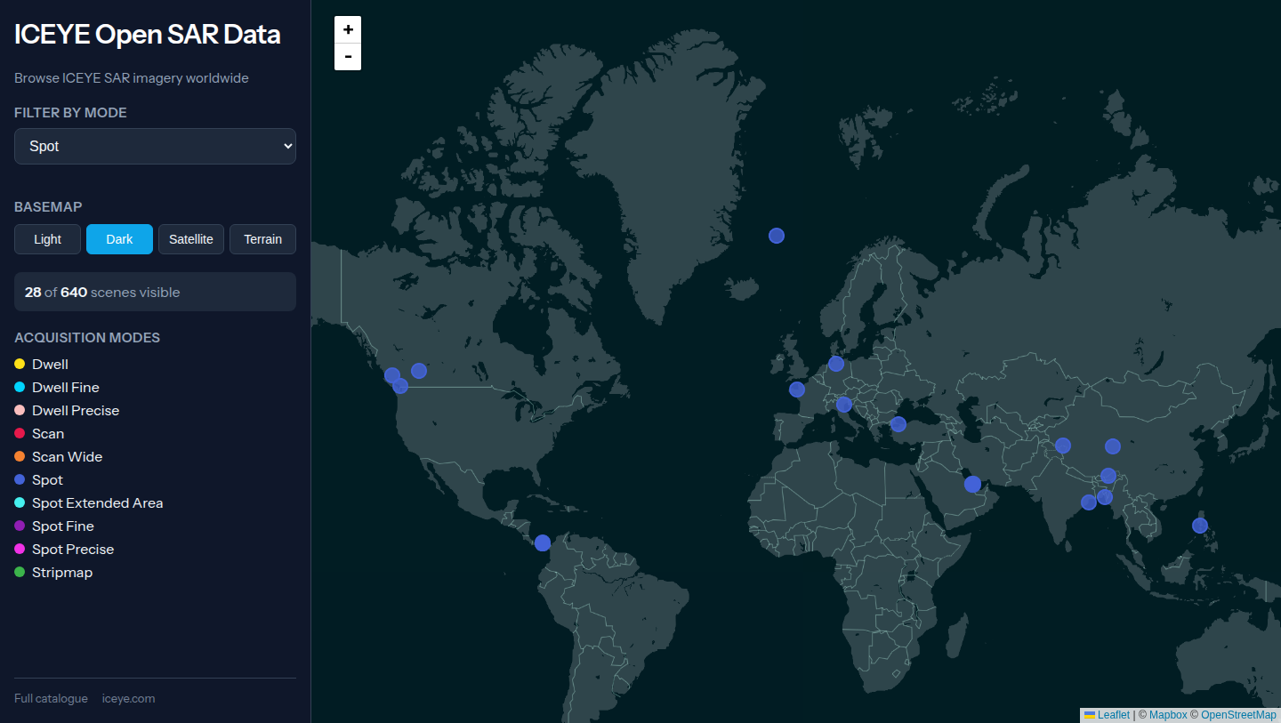 ICEYE Open SAR Data map on 16 Oct 2026 after the mode filter was set to Spot. The counter changed from the full catalog to 28 of 640 scenes visible.