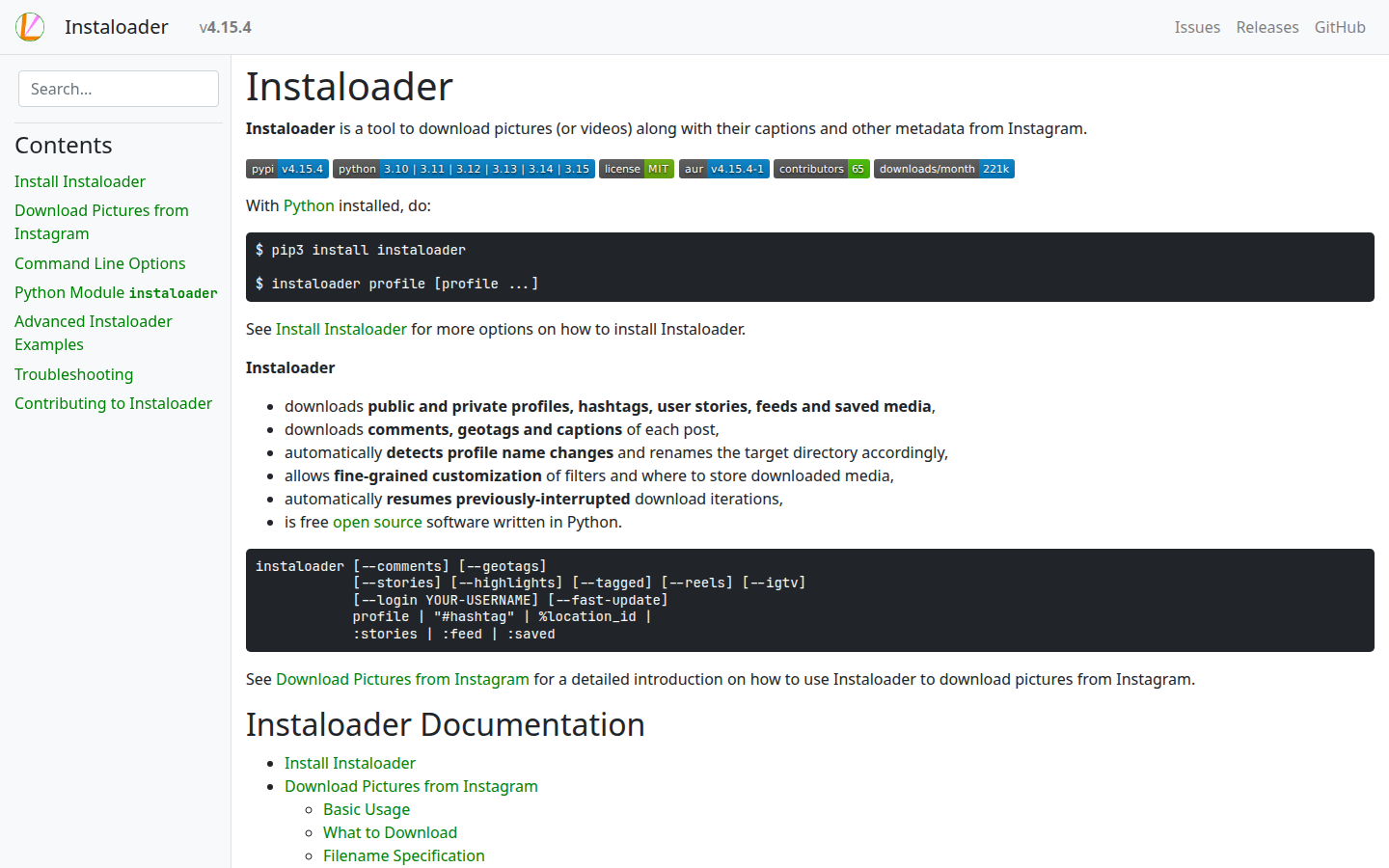 Instaloader documentation, captured 16 Oct 2026