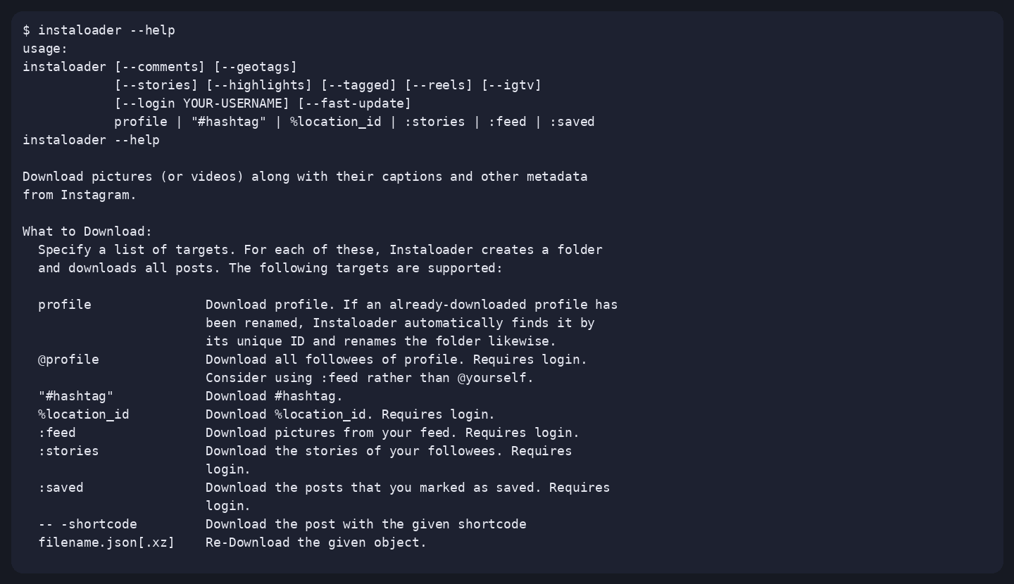 Terminal output of instaloader --help, captured 16 Oct 2026