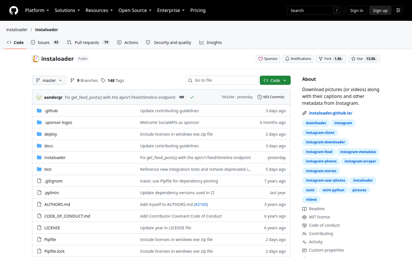 Instaloader repository, captured 16 Oct 2026
