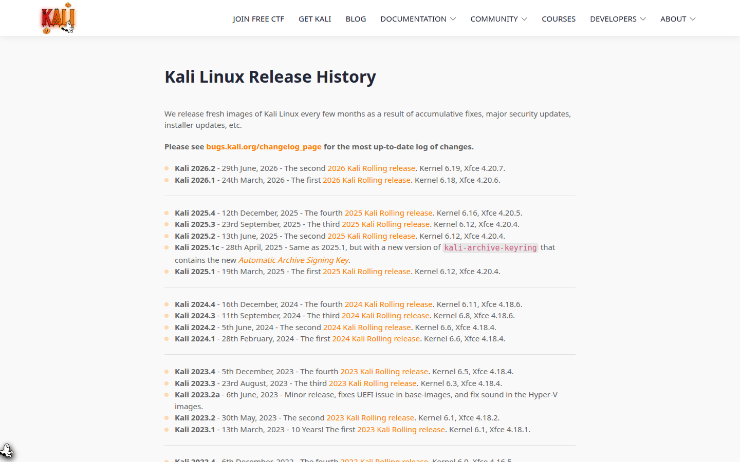 Kali Linux release history at kali.org/releases on 20 Oct 2026, listing Kali 2026.2 dated 29th June 2026 with kernel 6.19 and Xfce 4.20.7.