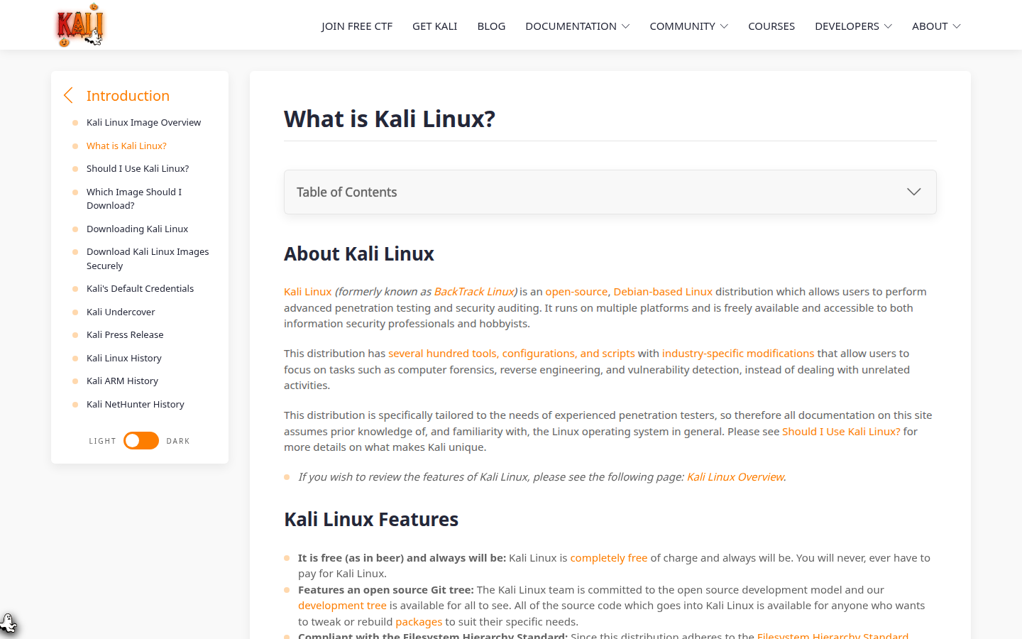 Kali introduction at kali.org on 20 Oct 2026, describing a Debian-based distribution from OffSec's community projects, formerly BackTrack.