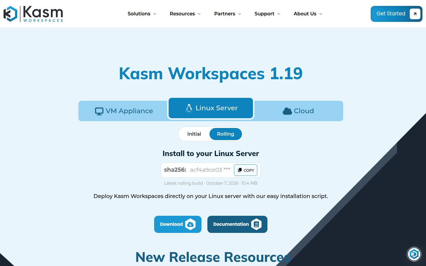 Kasm Workspaces downloads page on 20 Oct 2026, headed 1.19, with a rolling Linux server build dated October 7, 2026 and a sha256 copy control.