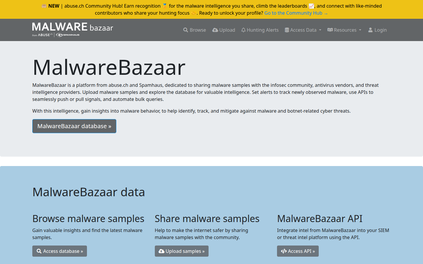 MalwareBazaar homepage, captured 16 Oct 2026