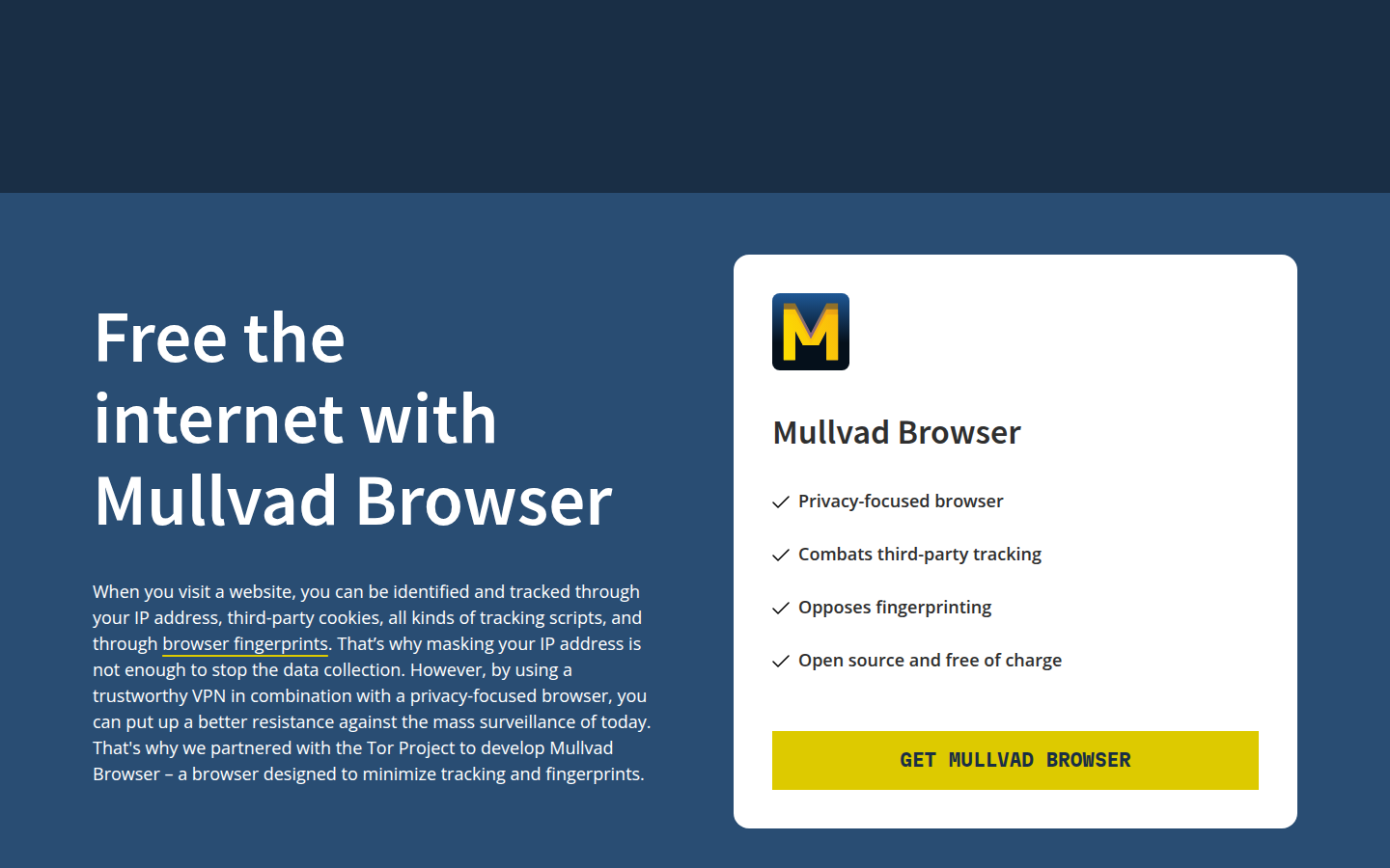 Mullvad Browser product page on 21 Oct 2026, describing a Tor Browser build that does not route traffic through Tor.