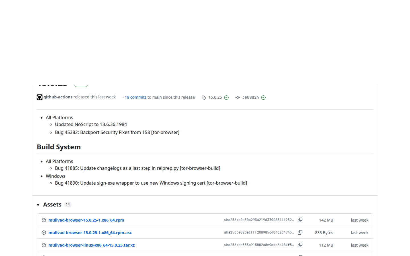 Mullvad Browser 15.0.25 release on GitHub, published 14 Oct 2026, with NoScript 13.6.36.1984 and the Linux tarball.