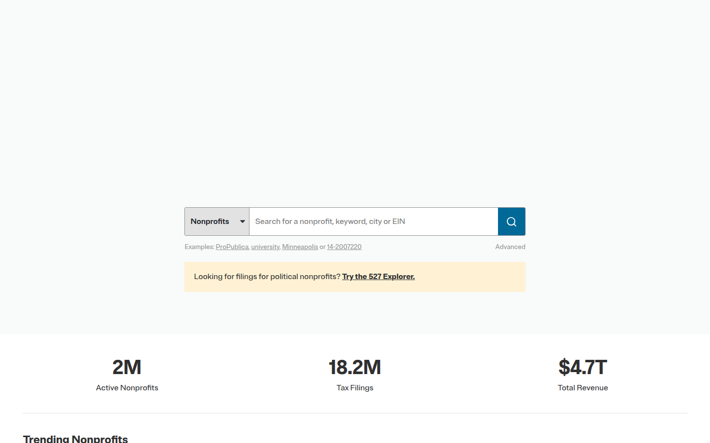 Nonprofit Explorer search on 23 Oct 2026, with the organization search box and a trending list that begins with the Phoenix Symphony Association.