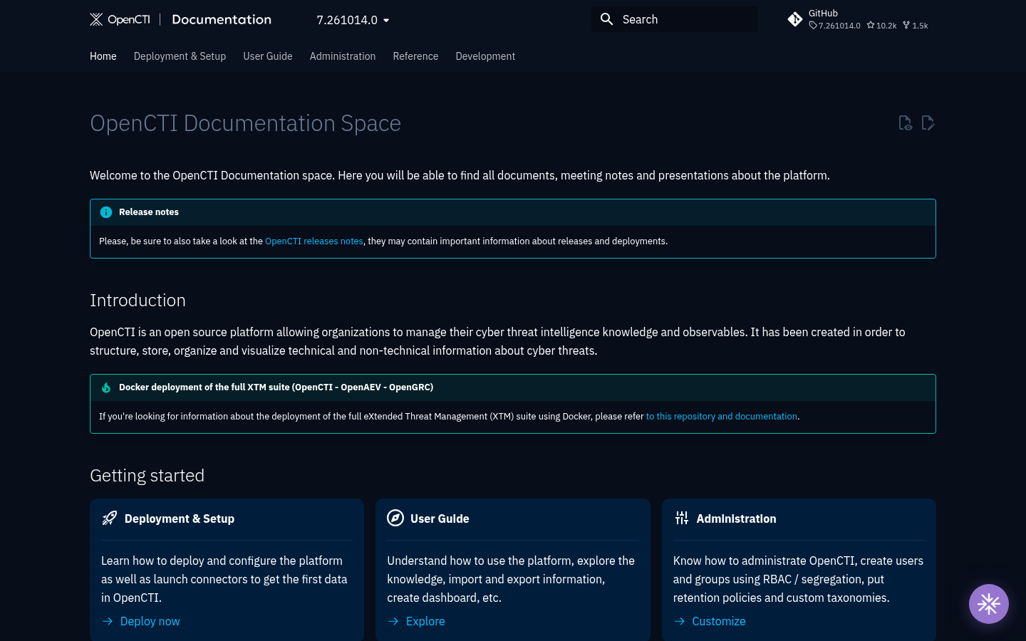 OpenCTI documentation, captured 16 Oct 2026