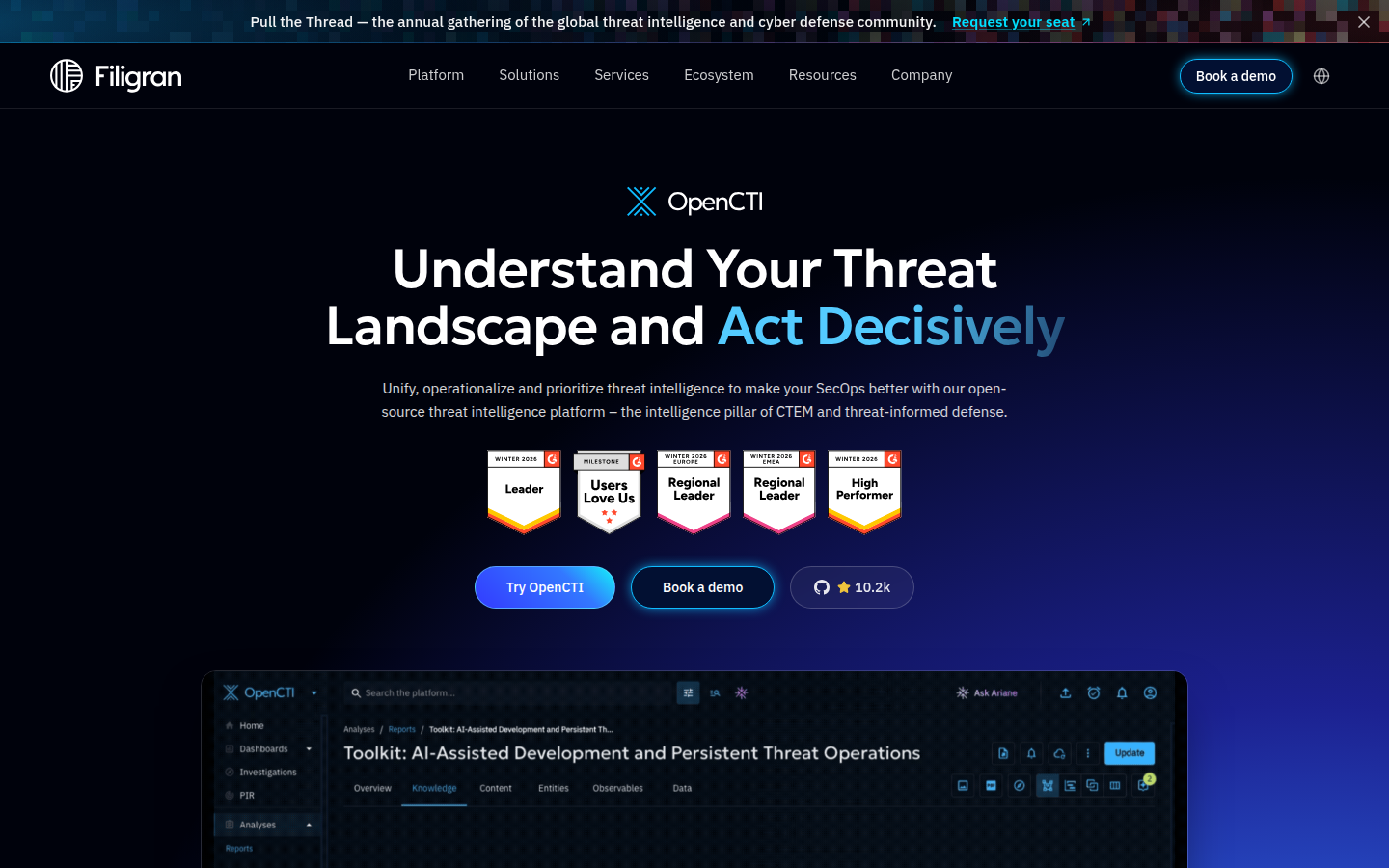 OpenCTI product page, captured 16 Oct 2026