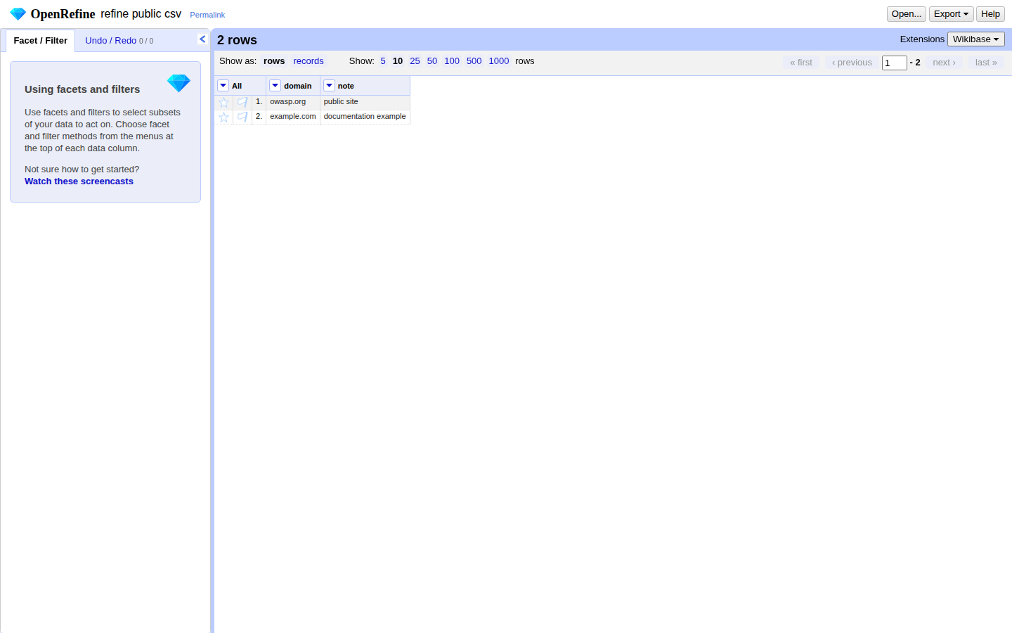 OpenRefine project grid on 19 Oct 2026 showing two rows, owasp.org and example.com, in columns named domain and note.