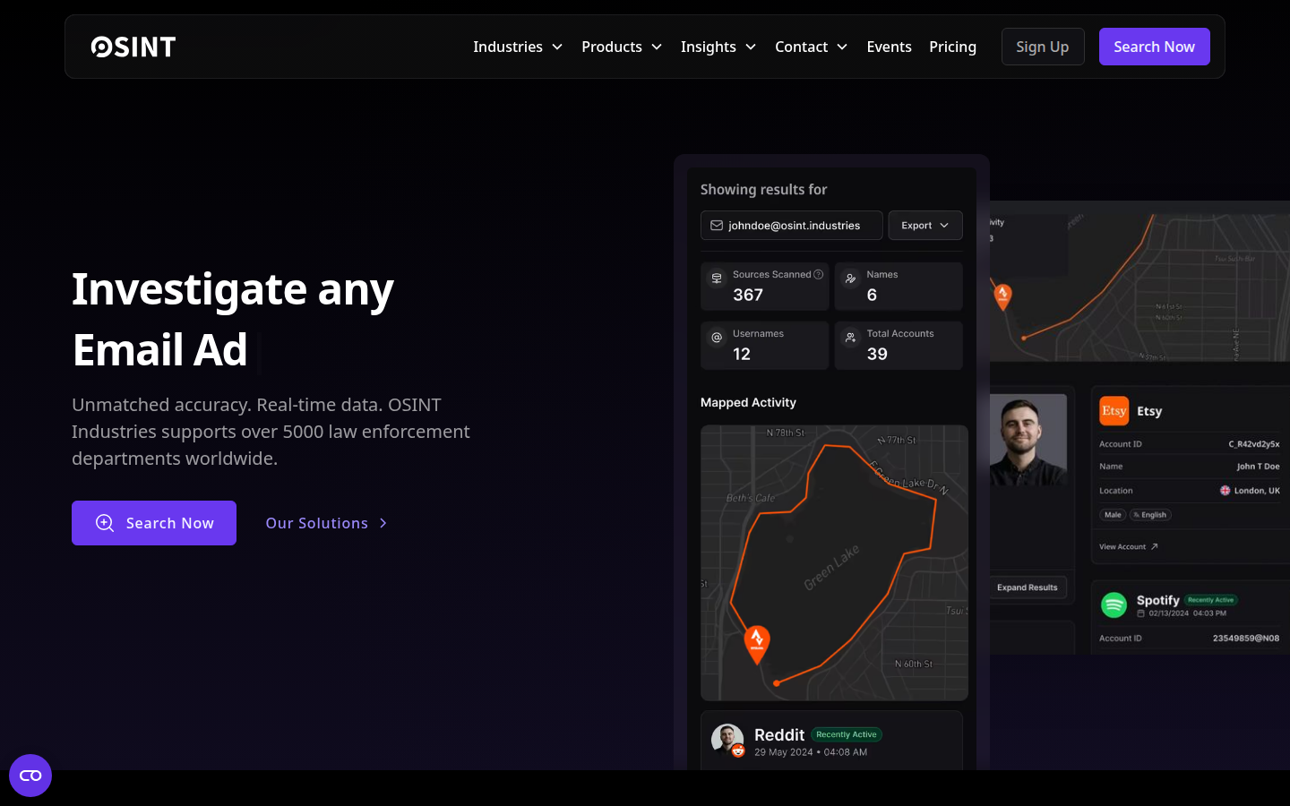 OSINT Industries homepage, captured 16 Oct 2026