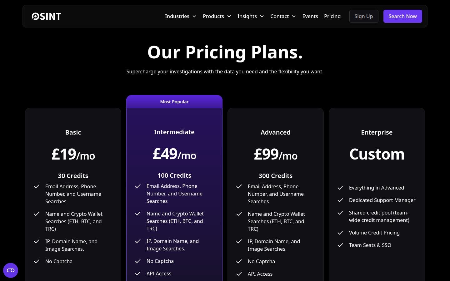 OSINT Industries pricing, captured 16 Oct 2026