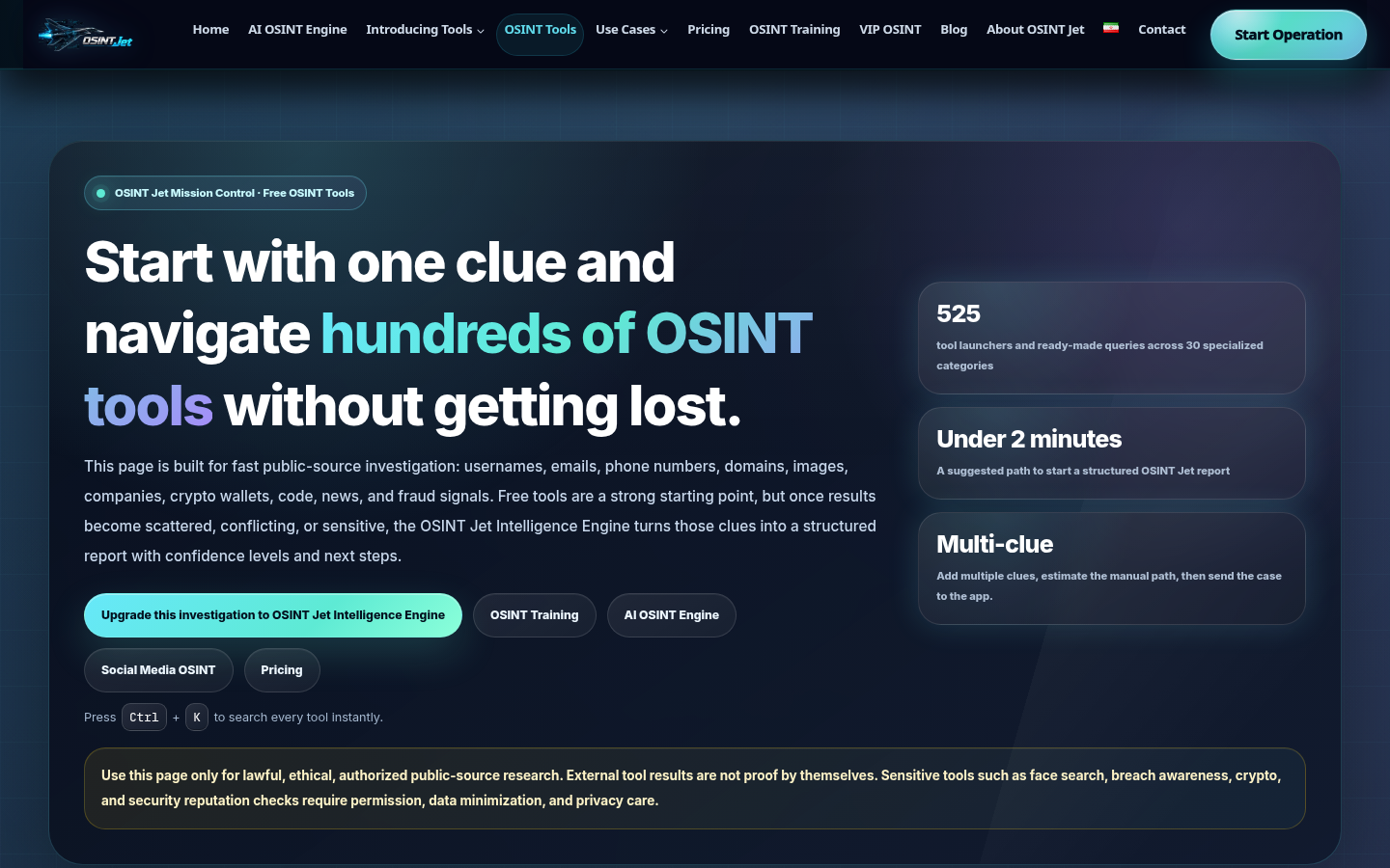 OSINT Jet search hub on 20 Oct 2026 showing the public launcher, a 525-tool line, and the search-engine links at the top of the page.