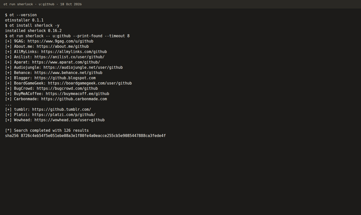 otinstaller 0.1.1 running Sherlock 0.16.2 on the public username github, listing profile URLs and ending with Search completed with 126 results.