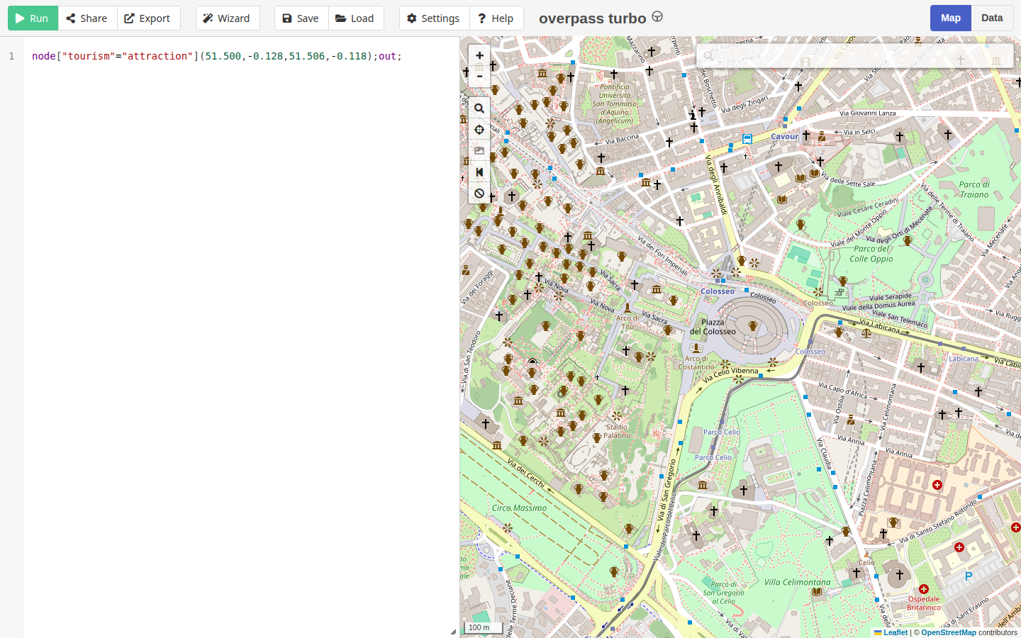 Overpass Turbo on 24 Oct 2026 with a tourism attraction query for a Westminster box still marked processing, and the map pane showing no result pins.