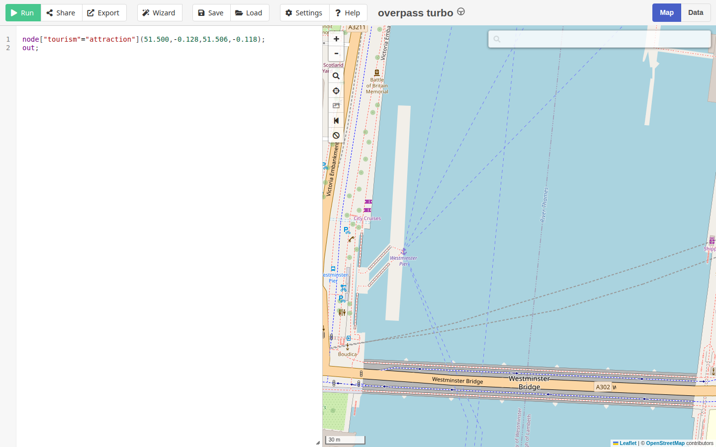 Overpass Turbo map on 24 Oct 2026 centered at zoom 16 on the Thames by Westminster, with the query editor open and no result pins drawn on the water.