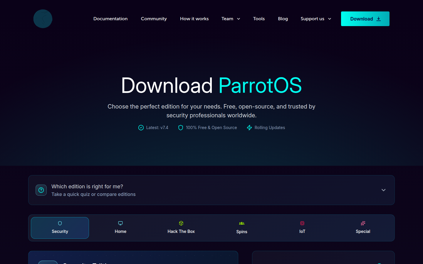 Parrot download page on 20 Oct 2026 showing latest v7.4, a free open-source label, and the Security, Home, and other edition choices.