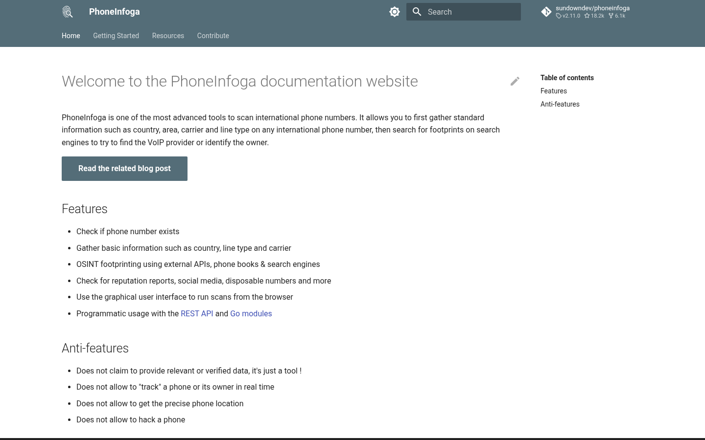 PhoneInfoga documentation, captured 16 Oct 2026