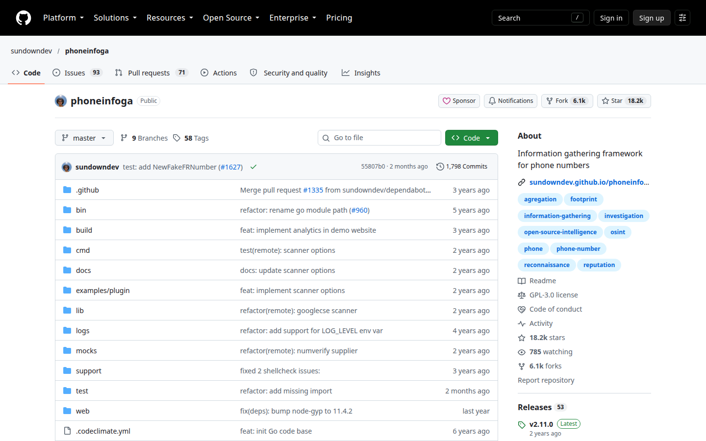 PhoneInfoga repository, captured 16 Oct 2026